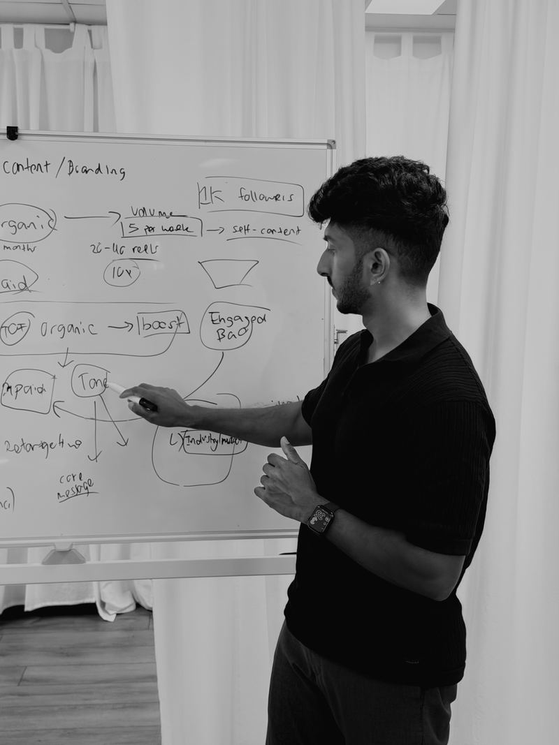 Vihan running an In-House Content OS workshop at a whiteboard